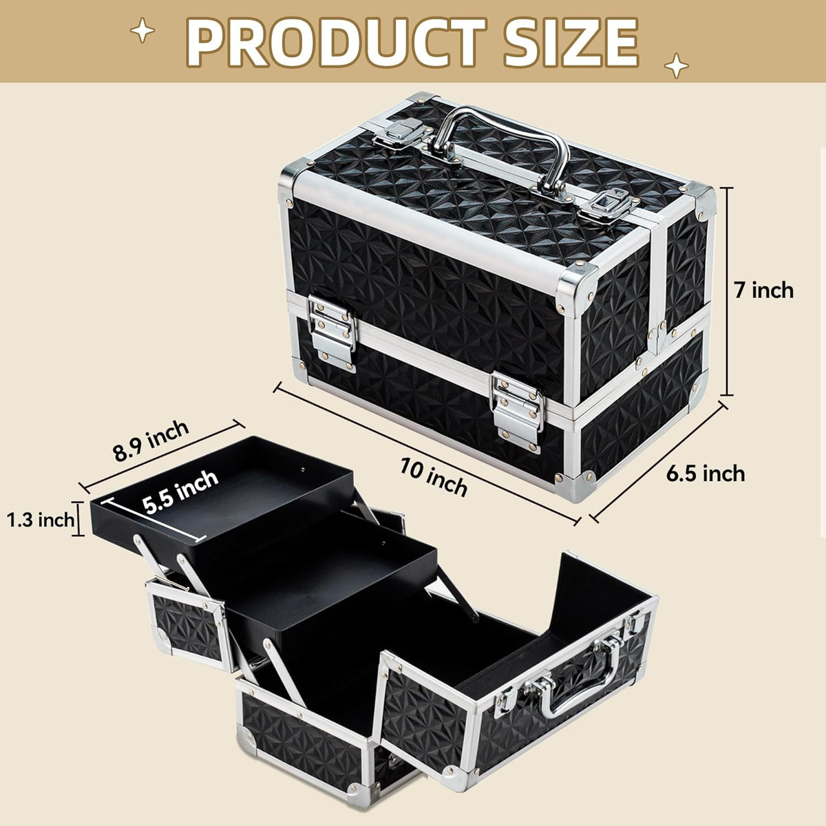 Makeup Train Case Cosmetic Box Portable Makeup Case Organizer 2 Trays Makeup Storage for Cosmetologist Aesthetic Supplies Nail Tech Traveling Makeup Box (Flashing Star)