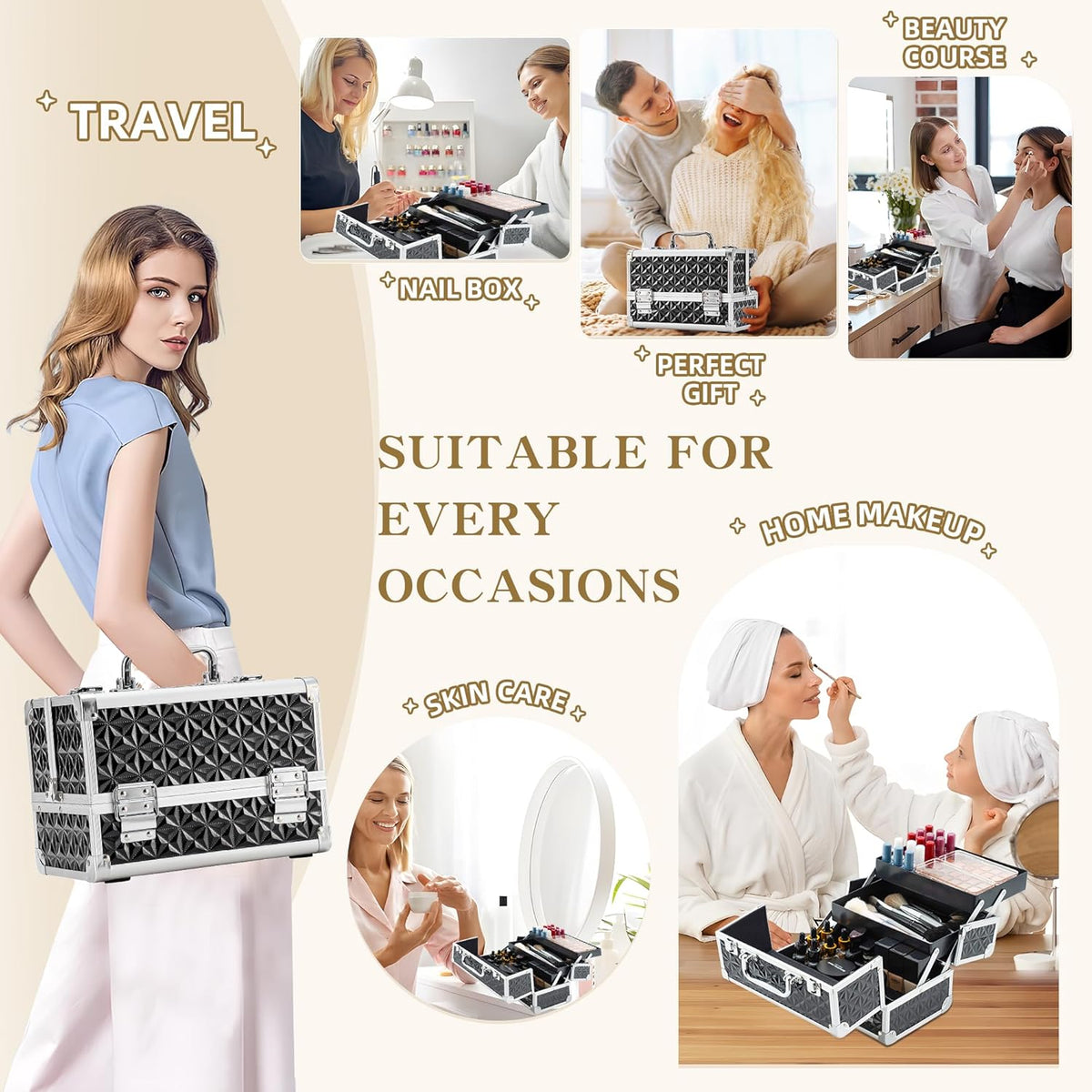 Makeup Train Case Cosmetic Box Portable Makeup Case Organizer 2 Trays Makeup Storage for Cosmetologist Aesthetic Supplies Nail Tech Traveling Makeup Box (Flashing Star)
