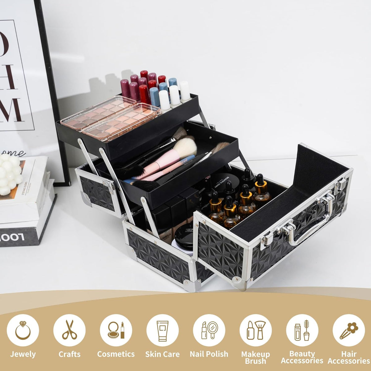 Makeup Train Case Cosmetic Box Portable Makeup Case Organizer 2 Trays Makeup Storage for Cosmetologist Aesthetic Supplies Nail Tech Traveling Makeup Box (Flashing Star)