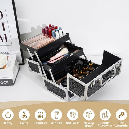 Makeup Train Case Cosmetic Box Portable Makeup Case Organizer 2 Trays Makeup Storage for Cosmetologist Aesthetic Supplies Nail Tech Traveling Makeup Box (Flashing Star)