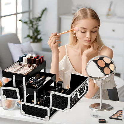 Makeup Train Case Cosmetic Box Portable Makeup Case Organizer 2 Trays Makeup Storage for Cosmetologist Aesthetic Supplies Nail Tech Traveling Makeup Box (Flashing Star)