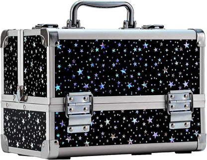 Makeup Train Case Cosmetic Box Portable Makeup Case Organizer 2 Trays Makeup Storage for Cosmetologist Aesthetic Supplies Nail Tech Traveling Makeup Box (Flashing Star)