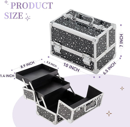 Makeup Train Case Cosmetic Box Portable Makeup Case Organizer 2 Trays Makeup Storage for Cosmetologist Aesthetic Supplies Nail Tech Traveling Makeup Box (Flashing Star)