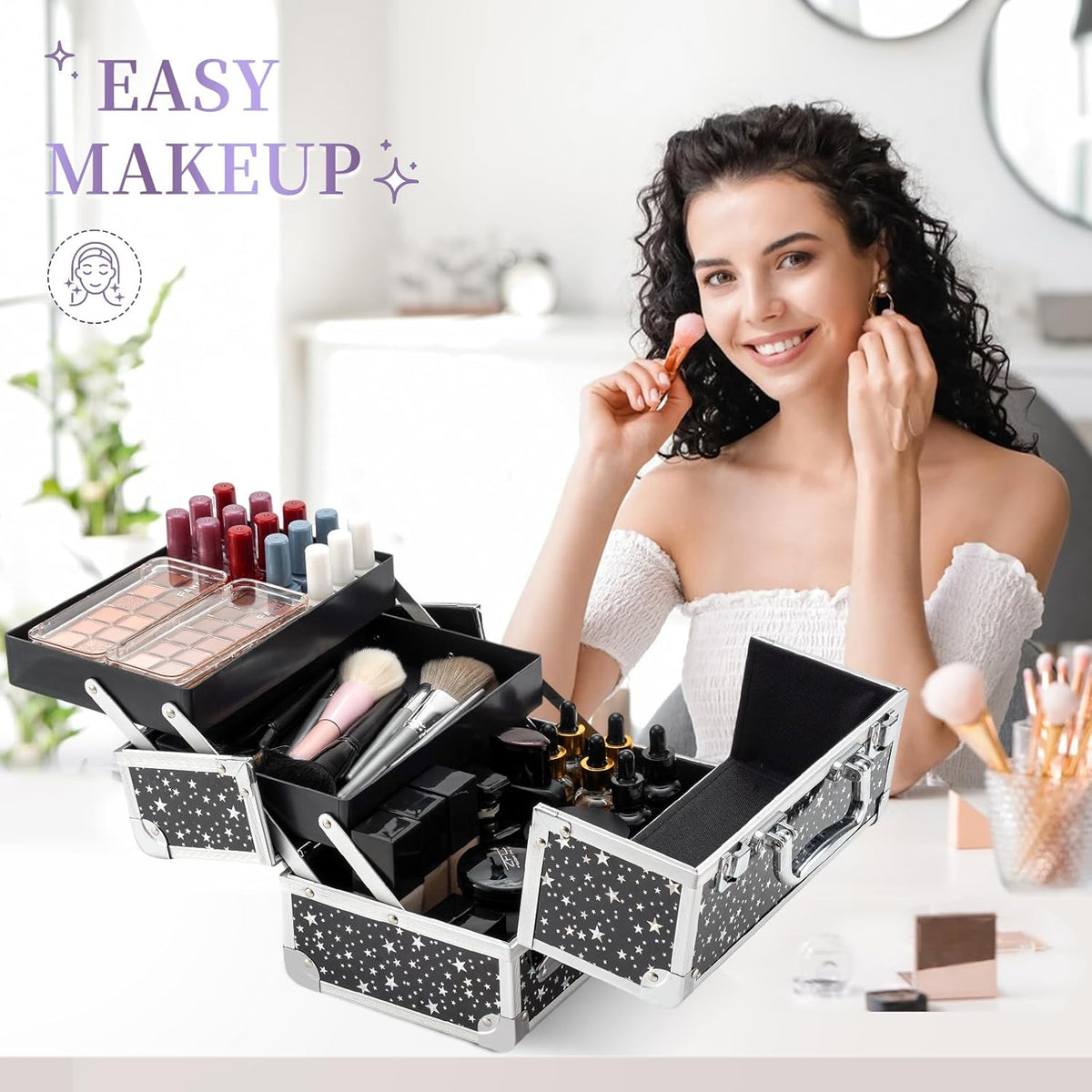Makeup Train Case Cosmetic Box Portable Makeup Case Organizer 2 Trays Makeup Storage for Cosmetologist Aesthetic Supplies Nail Tech Traveling Makeup Box (Flashing Star)