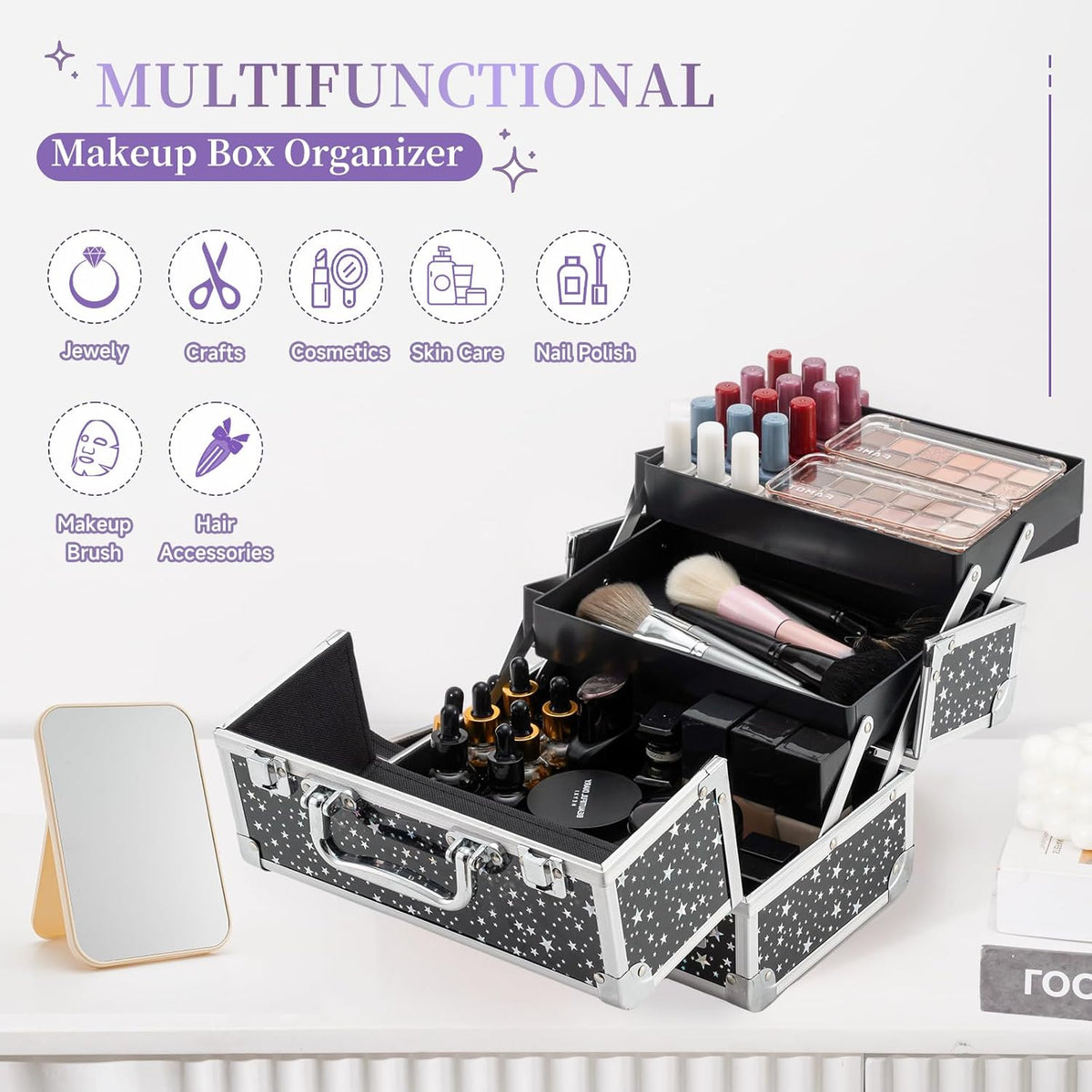 Makeup Train Case Cosmetic Box Portable Makeup Case Organizer 2 Trays Makeup Storage for Cosmetologist Aesthetic Supplies Nail Tech Traveling Makeup Box (Flashing Star)