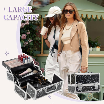 Makeup Train Case Cosmetic Box Portable Makeup Case Organizer 2 Trays Makeup Storage for Cosmetologist Aesthetic Supplies Nail Tech Traveling Makeup Box (Flashing Star)