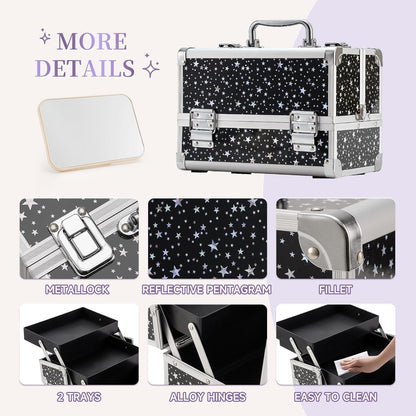 Makeup Train Case Cosmetic Box Portable Makeup Case Organizer 2 Trays Makeup Storage for Cosmetologist Aesthetic Supplies Nail Tech Traveling Makeup Box (Flashing Star)