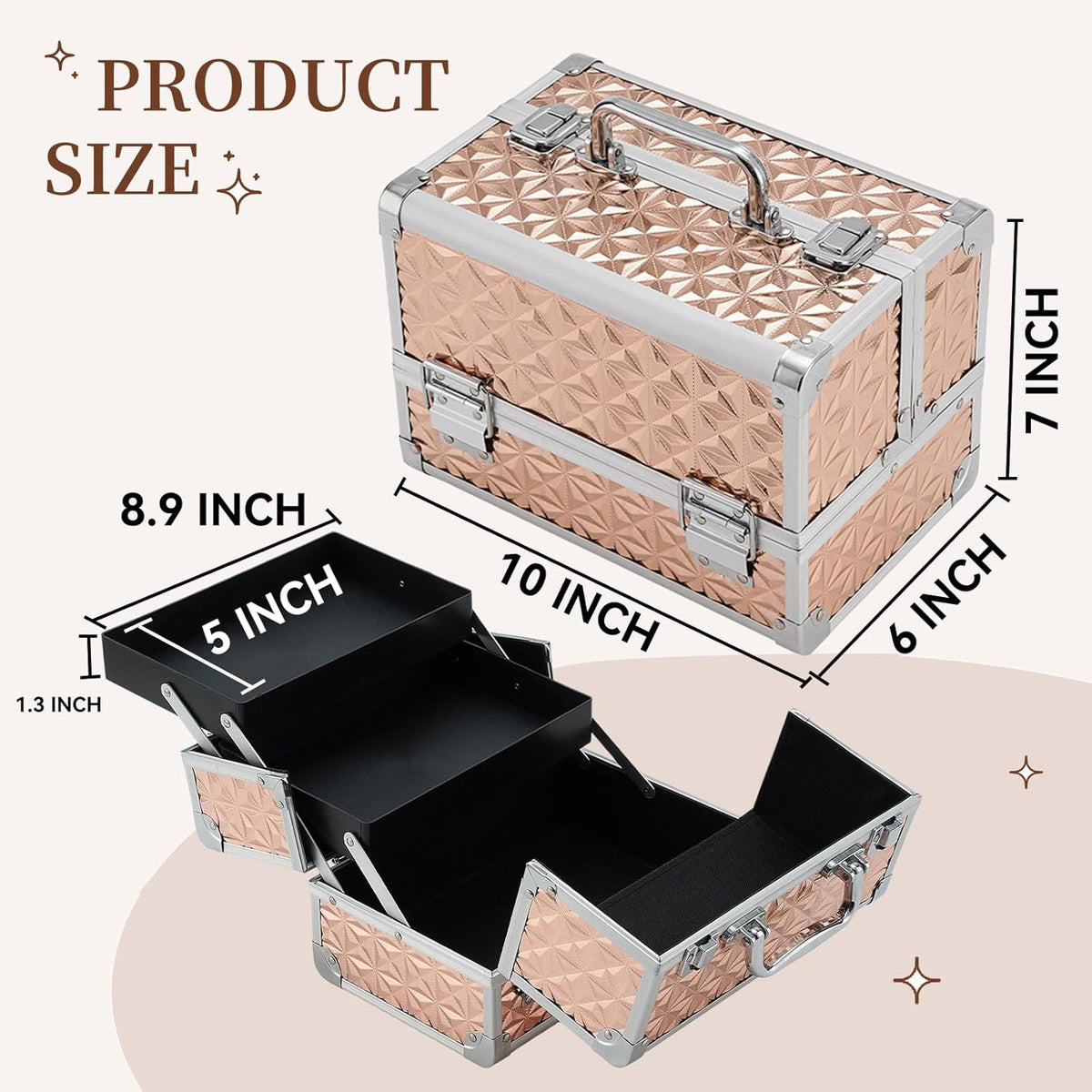 Makeup Train Case Cosmetic Box Portable Makeup Case Organizer 2 Trays Makeup Storage for Cosmetologist Aesthetic Supplies Nail Tech Traveling Makeup Box (Flashing Star)