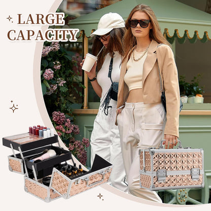 Makeup Train Case Cosmetic Box Portable Makeup Case Organizer 2 Trays Makeup Storage for Cosmetologist Aesthetic Supplies Nail Tech Traveling Makeup Box (Flashing Star)