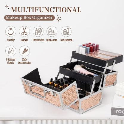 Makeup Train Case Cosmetic Box Portable Makeup Case Organizer 2 Trays Makeup Storage for Cosmetologist Aesthetic Supplies Nail Tech Traveling Makeup Box (Flashing Star)