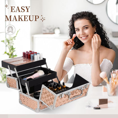 Makeup Train Case Cosmetic Box Portable Makeup Case Organizer 2 Trays Makeup Storage for Cosmetologist Aesthetic Supplies Nail Tech Traveling Makeup Box (Flashing Star)