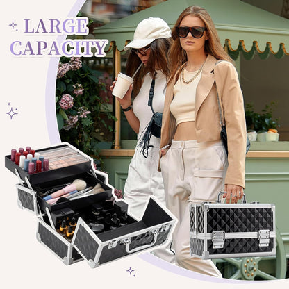 Makeup Train Case Cosmetic Box Portable Makeup Case Organizer 2 Trays Makeup Storage for Cosmetologist Aesthetic Supplies Nail Tech Traveling Makeup Box (Flashing Star)