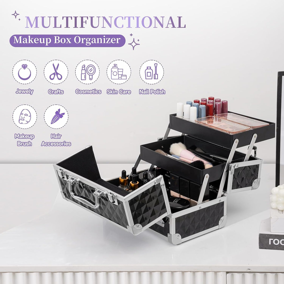 Makeup Train Case Cosmetic Box Portable Makeup Case Organizer 2 Trays Makeup Storage for Cosmetologist Aesthetic Supplies Nail Tech Traveling Makeup Box (Flashing Star)