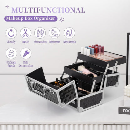 Makeup Train Case Cosmetic Box Portable Makeup Case Organizer 2 Trays Makeup Storage for Cosmetologist Aesthetic Supplies Nail Tech Traveling Makeup Box (Flashing Star)