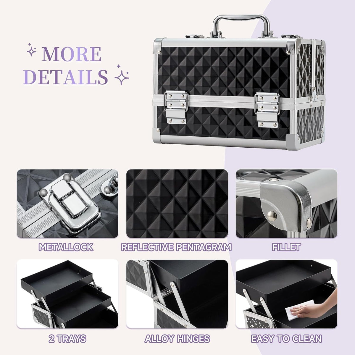 Makeup Train Case Cosmetic Box Portable Makeup Case Organizer 2 Trays Makeup Storage for Cosmetologist Aesthetic Supplies Nail Tech Traveling Makeup Box (Flashing Star)