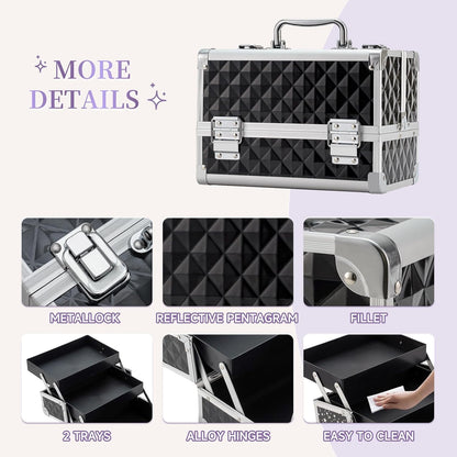 Makeup Train Case Cosmetic Box Portable Makeup Case Organizer 2 Trays Makeup Storage for Cosmetologist Aesthetic Supplies Nail Tech Traveling Makeup Box (Flashing Star)
