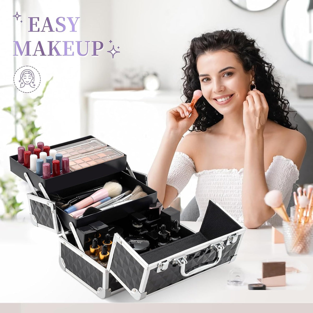 Makeup Train Case Cosmetic Box Portable Makeup Case Organizer 2 Trays Makeup Storage for Cosmetologist Aesthetic Supplies Nail Tech Traveling Makeup Box (Flashing Star)
