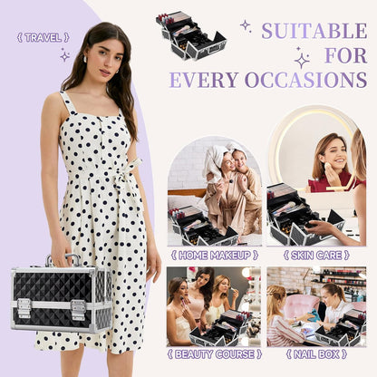Makeup Train Case Cosmetic Box Portable Makeup Case Organizer 2 Trays Makeup Storage for Cosmetologist Aesthetic Supplies Nail Tech Traveling Makeup Box (Flashing Star)
