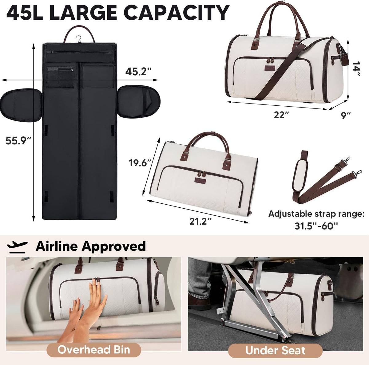 Convertible Garment Bags for Travel, Carry On Garment Duffle Bags for Women, Garment Bag with Shoes Compartment, 2 in 1 Travel Suit Bag with Detachable Shoulder Strap (Beige-New)