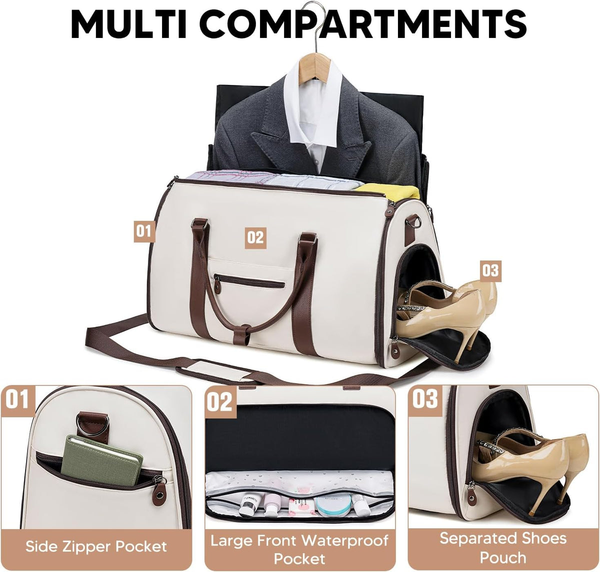 Convertible Garment Bags for Travel, Carry On Garment Duffle Bags for Women, Garment Bag with Shoes Compartment, 2 in 1 Travel Suit Bag with Detachable Shoulder Strap (Beige-New)