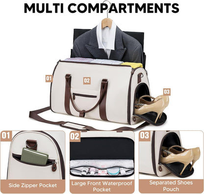 Convertible Garment Bags for Travel, Carry On Garment Duffle Bags for Women, Garment Bag with Shoes Compartment, 2 in 1 Travel Suit Bag with Detachable Shoulder Strap (Beige-New)