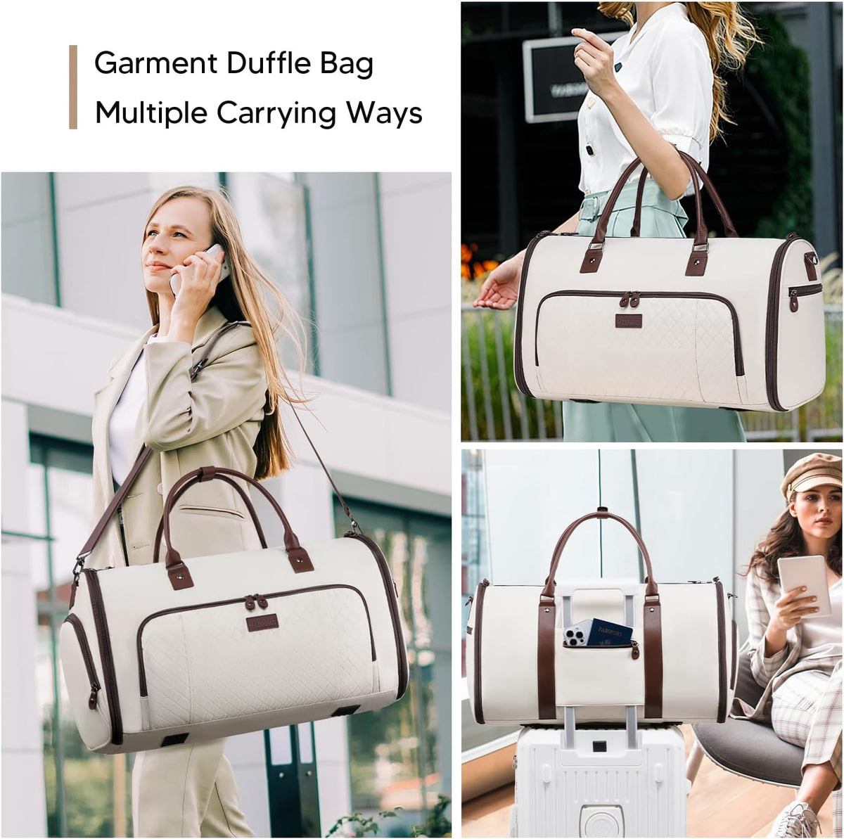 Convertible Garment Bags for Travel, Carry On Garment Duffle Bags for Women, Garment Bag with Shoes Compartment, 2 in 1 Travel Suit Bag with Detachable Shoulder Strap (Beige-New)