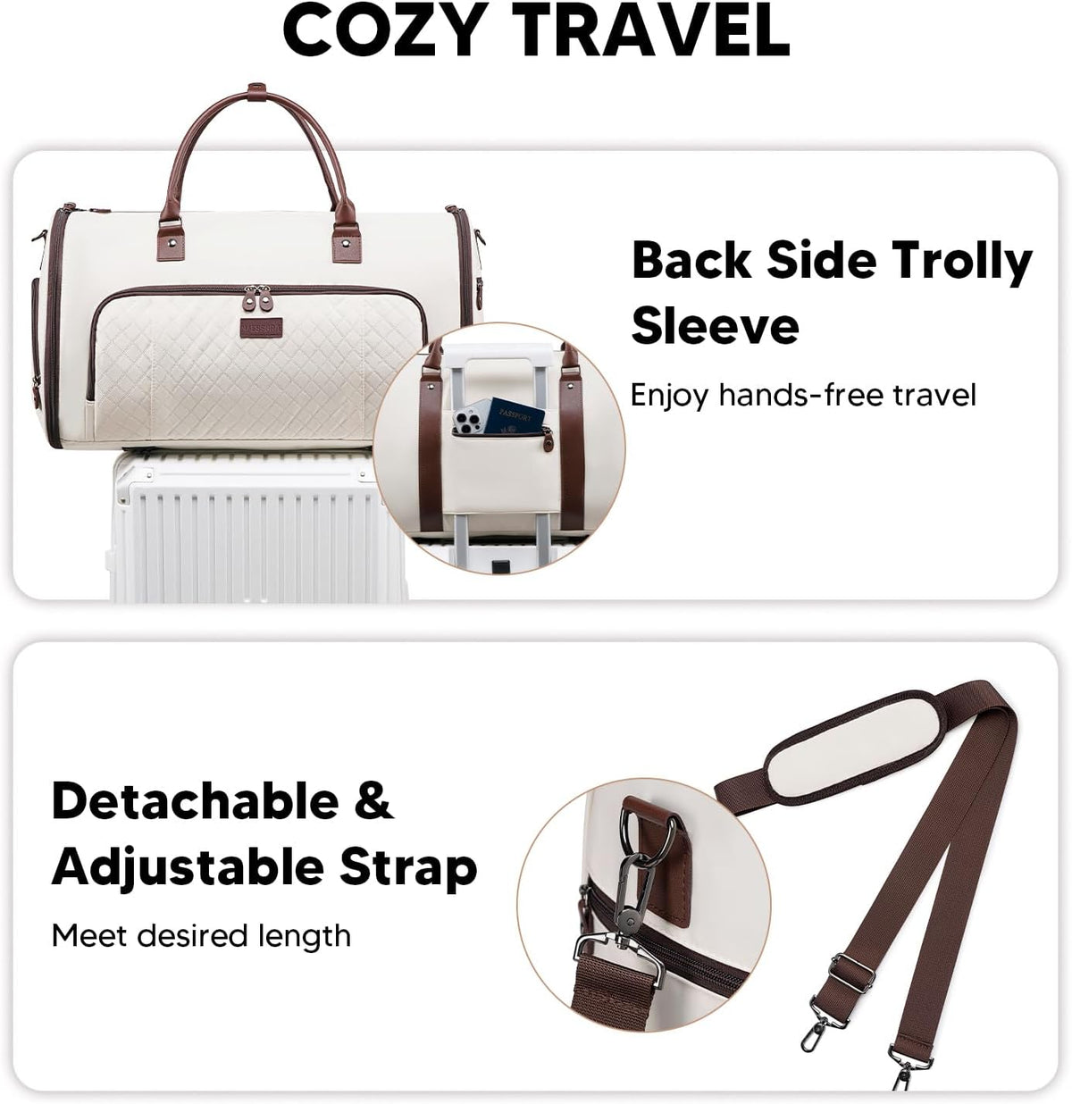 Convertible Garment Bags for Travel, Carry On Garment Duffle Bags for Women, Garment Bag with Shoes Compartment, 2 in 1 Travel Suit Bag with Detachable Shoulder Strap (Beige-New)