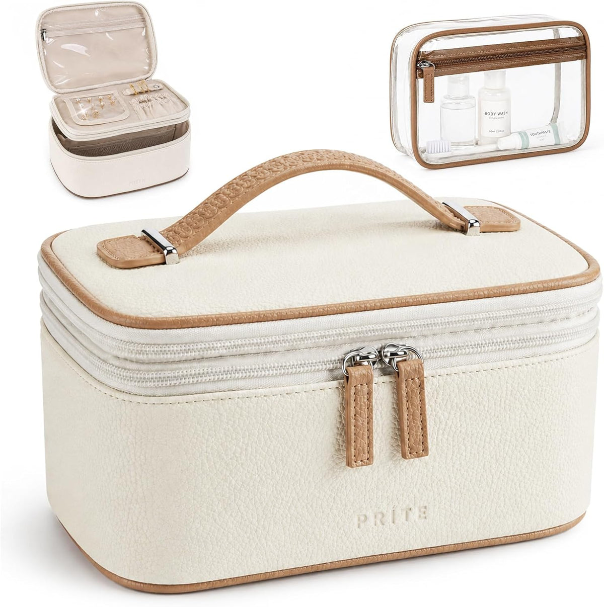2 Pcs Makeup Bag Set Travel Cosmetic Case with Clear Toiletry Bag | Jewelry Organizer, Dual-Layer, Waterproof, for Women, Vegan Leather, Elastic Pocket, Zipper Pocket, Adjustable Divider