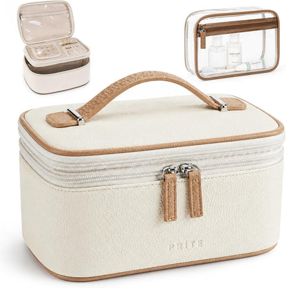 2 Pcs Makeup Bag Set Travel Cosmetic Case with Clear Toiletry Bag | Jewelry Organizer, Dual-Layer, Waterproof, for Women, Vegan Leather, Elastic Pocket, Zipper Pocket, Adjustable Divider