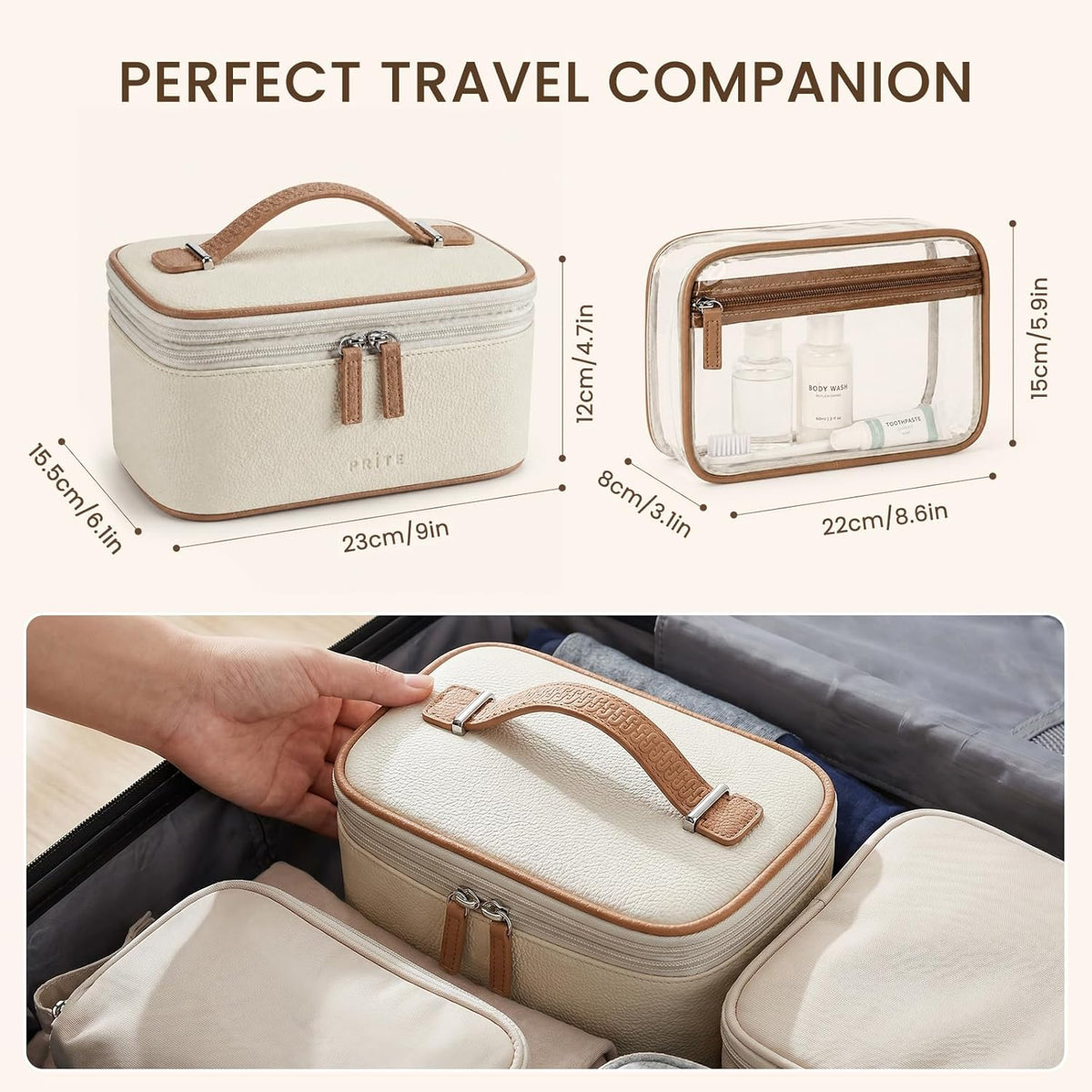 2 Pcs Makeup Bag Set Travel Cosmetic Case with Clear Toiletry Bag | Jewelry Organizer, Dual-Layer, Waterproof, for Women, Vegan Leather, Elastic Pocket, Zipper Pocket, Adjustable Divider