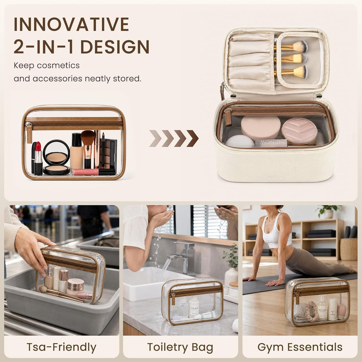 2 Pcs Makeup Bag Set Travel Cosmetic Case with Clear Toiletry Bag | Jewelry Organizer, Dual-Layer, Waterproof, for Women, Vegan Leather, Elastic Pocket, Zipper Pocket, Adjustable Divider