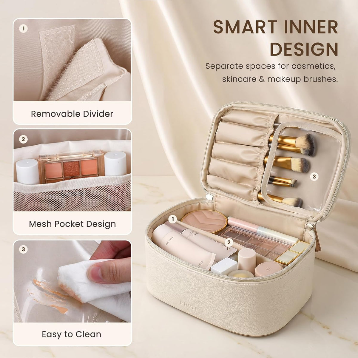 2 Pcs Makeup Bag Set Travel Cosmetic Case with Clear Toiletry Bag | Jewelry Organizer, Dual-Layer, Waterproof, for Women, Vegan Leather, Elastic Pocket, Zipper Pocket, Adjustable Divider
