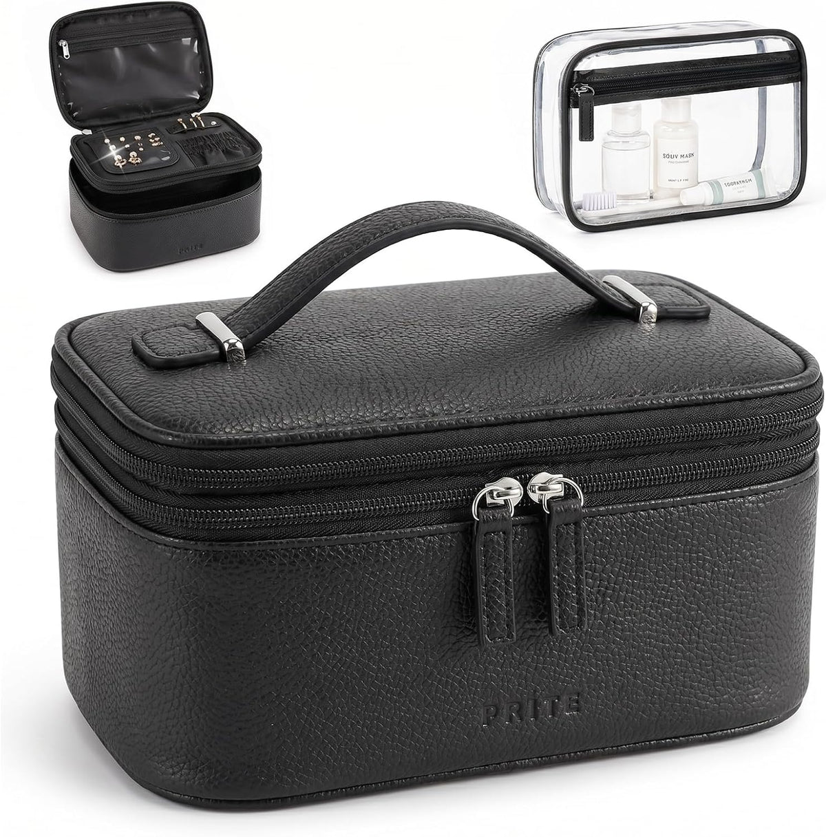 2 Pcs Makeup Bag Set Travel Cosmetic Case with Clear Toiletry Bag | Jewelry Organizer, Dual-Layer, Waterproof, for Women, Vegan Leather, Elastic Pocket, Zipper Pocket, Adjustable Divider