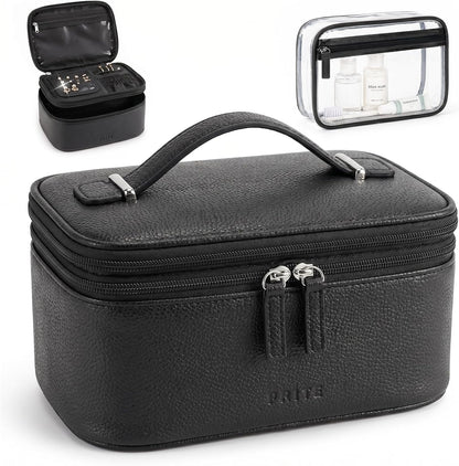 2 Pcs Makeup Bag Set Travel Cosmetic Case with Clear Toiletry Bag | Jewelry Organizer, Dual-Layer, Waterproof, for Women, Vegan Leather, Elastic Pocket, Zipper Pocket, Adjustable Divider