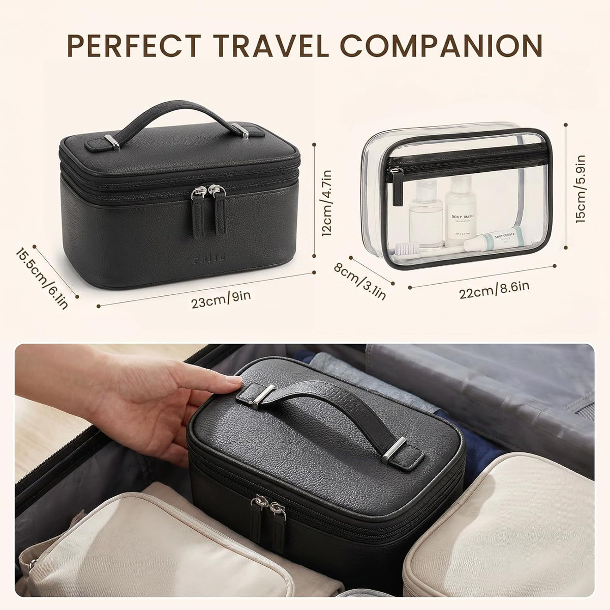 2 Pcs Makeup Bag Set Travel Cosmetic Case with Clear Toiletry Bag | Jewelry Organizer, Dual-Layer, Waterproof, for Women, Vegan Leather, Elastic Pocket, Zipper Pocket, Adjustable Divider