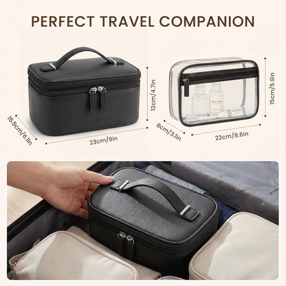 2 Pcs Makeup Bag Set Travel Cosmetic Case with Clear Toiletry Bag | Jewelry Organizer, Dual-Layer, Waterproof, for Women, Vegan Leather, Elastic Pocket, Zipper Pocket, Adjustable Divider