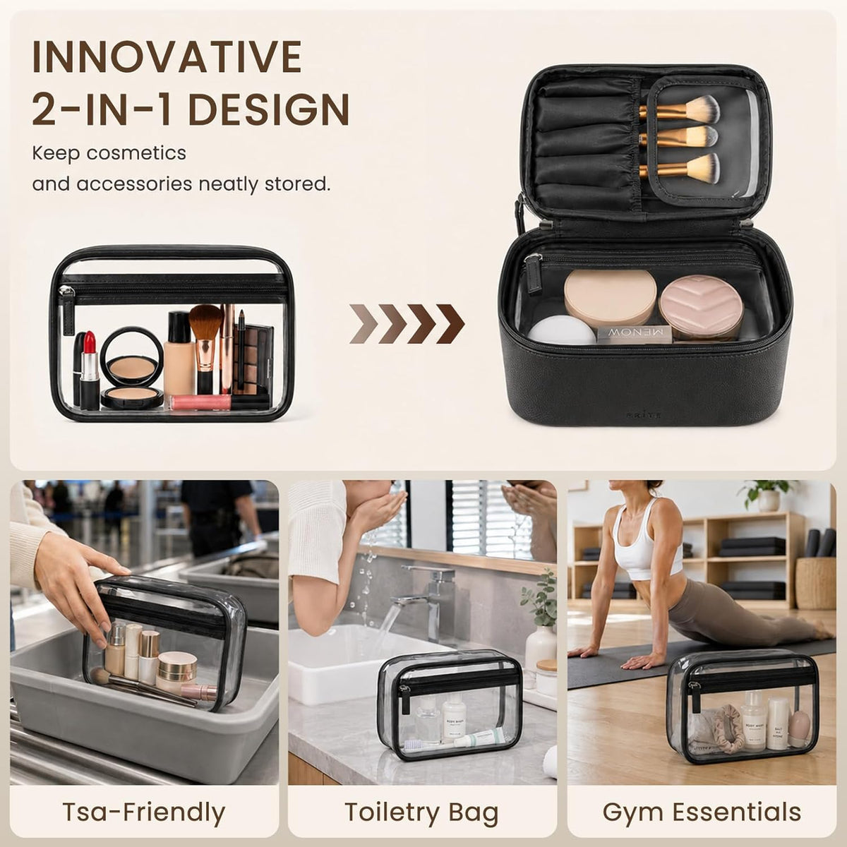 2 Pcs Makeup Bag Set Travel Cosmetic Case with Clear Toiletry Bag | Jewelry Organizer, Dual-Layer, Waterproof, for Women, Vegan Leather, Elastic Pocket, Zipper Pocket, Adjustable Divider