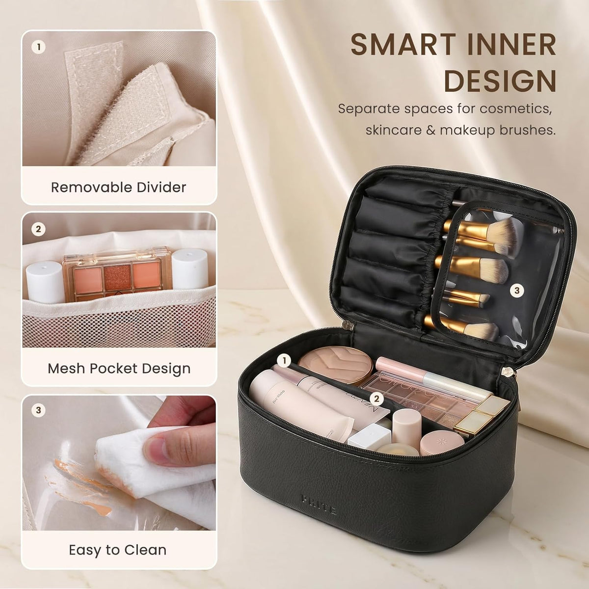 2 Pcs Makeup Bag Set Travel Cosmetic Case with Clear Toiletry Bag | Jewelry Organizer, Dual-Layer, Waterproof, for Women, Vegan Leather, Elastic Pocket, Zipper Pocket, Adjustable Divider