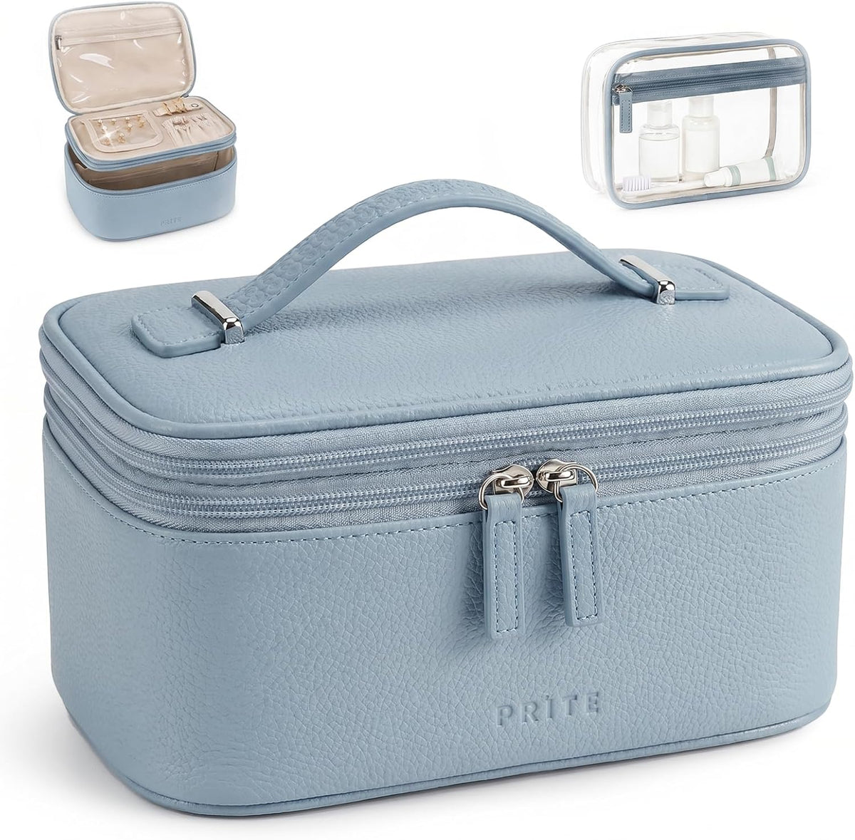 2 Pcs Makeup Bag Set Travel Cosmetic Case with Clear Toiletry Bag | Jewelry Organizer, Dual-Layer, Waterproof, for Women, Vegan Leather, Elastic Pocket, Zipper Pocket, Adjustable Divider