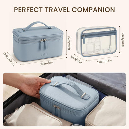 2 Pcs Makeup Bag Set Travel Cosmetic Case with Clear Toiletry Bag | Jewelry Organizer, Dual-Layer, Waterproof, for Women, Vegan Leather, Elastic Pocket, Zipper Pocket, Adjustable Divider