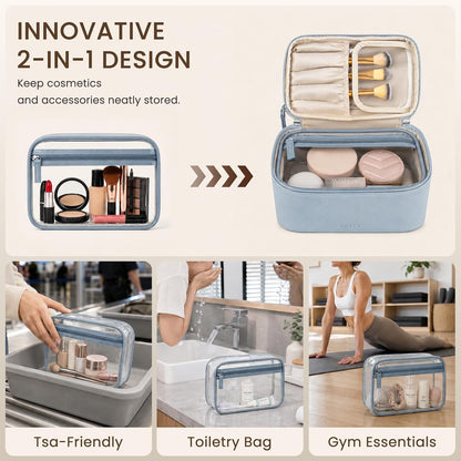 2 Pcs Makeup Bag Set Travel Cosmetic Case with Clear Toiletry Bag | Jewelry Organizer, Dual-Layer, Waterproof, for Women, Vegan Leather, Elastic Pocket, Zipper Pocket, Adjustable Divider