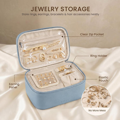 2 Pcs Makeup Bag Set Travel Cosmetic Case with Clear Toiletry Bag | Jewelry Organizer, Dual-Layer, Waterproof, for Women, Vegan Leather, Elastic Pocket, Zipper Pocket, Adjustable Divider