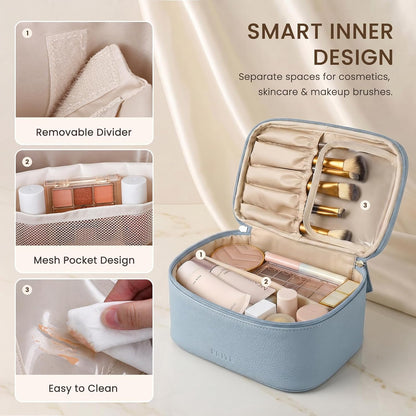 2 Pcs Makeup Bag Set Travel Cosmetic Case with Clear Toiletry Bag | Jewelry Organizer, Dual-Layer, Waterproof, for Women, Vegan Leather, Elastic Pocket, Zipper Pocket, Adjustable Divider