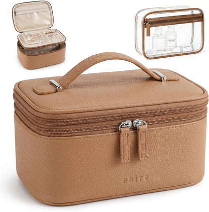 2 Pcs Makeup Bag Set Travel Cosmetic Case with Clear Toiletry Bag | Jewelry Organizer, Dual-Layer, Waterproof, for Women, Vegan Leather, Elastic Pocket, Zipper Pocket, Adjustable Divider