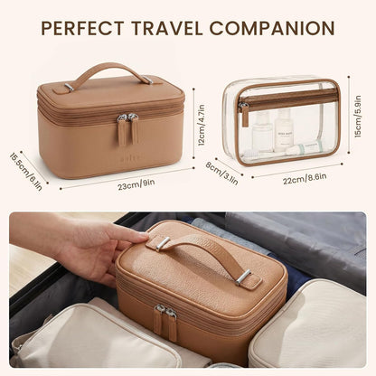 2 Pcs Makeup Bag Set Travel Cosmetic Case with Clear Toiletry Bag | Jewelry Organizer, Dual-Layer, Waterproof, for Women, Vegan Leather, Elastic Pocket, Zipper Pocket, Adjustable Divider