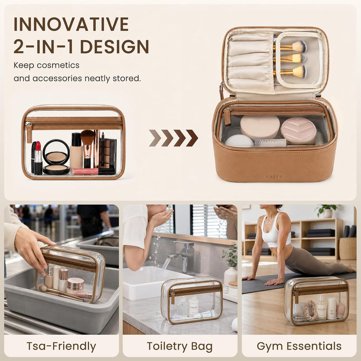2 Pcs Makeup Bag Set Travel Cosmetic Case with Clear Toiletry Bag | Jewelry Organizer, Dual-Layer, Waterproof, for Women, Vegan Leather, Elastic Pocket, Zipper Pocket, Adjustable Divider