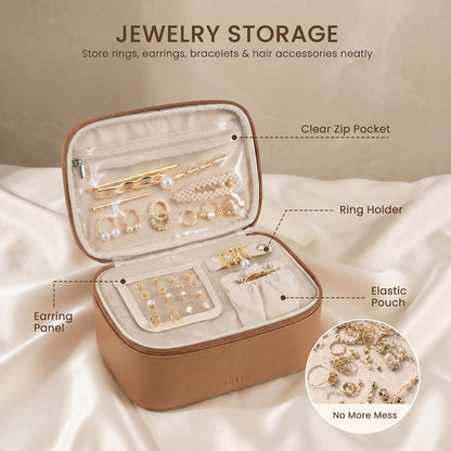2 Pcs Makeup Bag Set Travel Cosmetic Case with Clear Toiletry Bag | Jewelry Organizer, Dual-Layer, Waterproof, for Women, Vegan Leather, Elastic Pocket, Zipper Pocket, Adjustable Divider