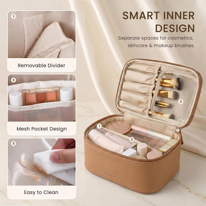 2 Pcs Makeup Bag Set Travel Cosmetic Case with Clear Toiletry Bag | Jewelry Organizer, Dual-Layer, Waterproof, for Women, Vegan Leather, Elastic Pocket, Zipper Pocket, Adjustable Divider