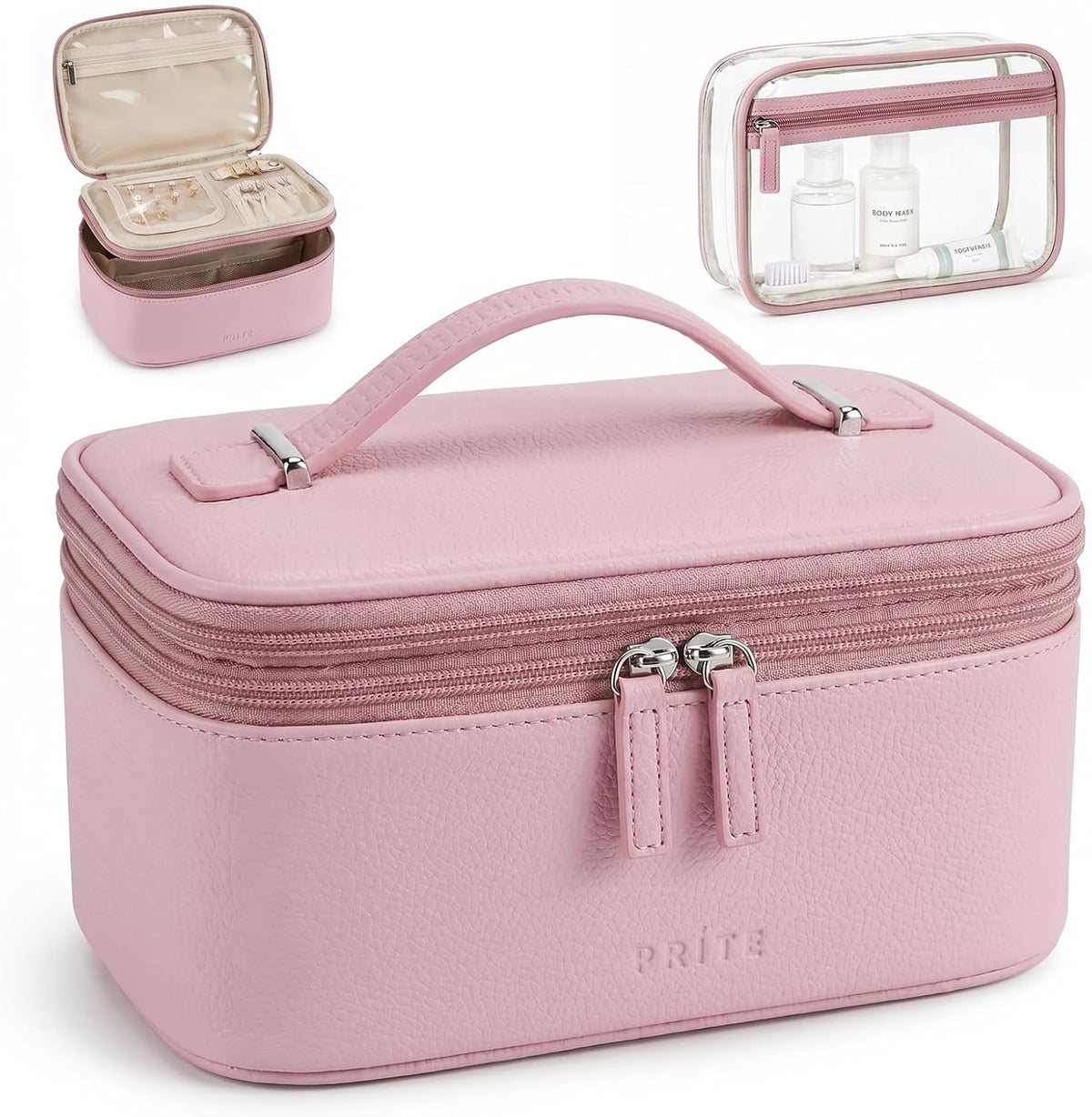 2 Pcs Makeup Bag Set Travel Cosmetic Case with Clear Toiletry Bag | Jewelry Organizer, Dual-Layer, Waterproof, for Women, Vegan Leather, Elastic Pocket, Zipper Pocket, Adjustable Divider