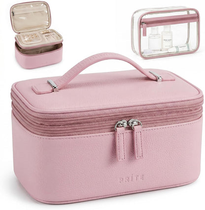 2 Pcs Makeup Bag Set Travel Cosmetic Case with Clear Toiletry Bag | Jewelry Organizer, Dual-Layer, Waterproof, for Women, Vegan Leather, Elastic Pocket, Zipper Pocket, Adjustable Divider